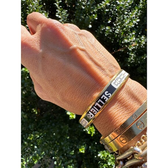 Hermes Gold Printed Enamel Bangle Bracelet 70mm GM Equestrian - Picture 1 of 13